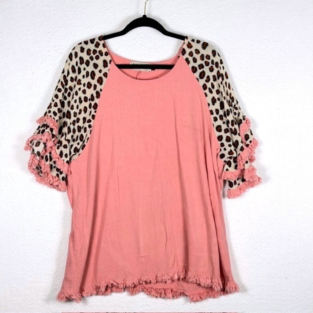 Bad Little Country Girl Pink Linen Blend Leopard Ruffle Sleeve Top XL WC2676